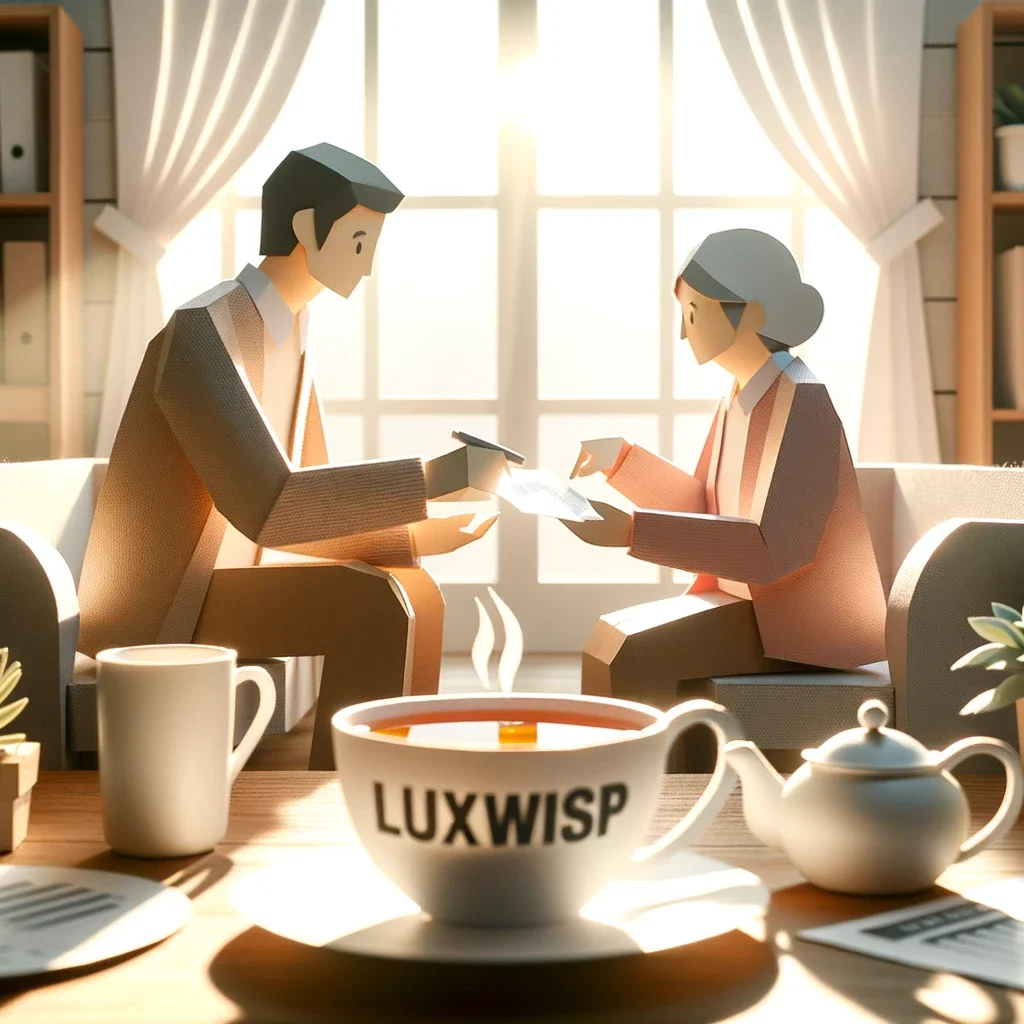Luxwisp: Paper craft art of an Asian family in a morning living room setting discussing paperwork.