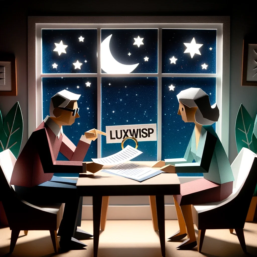 Luxwisp: Paper craft art of a family in a nighttime room setting discussing financial matters with stars outside.