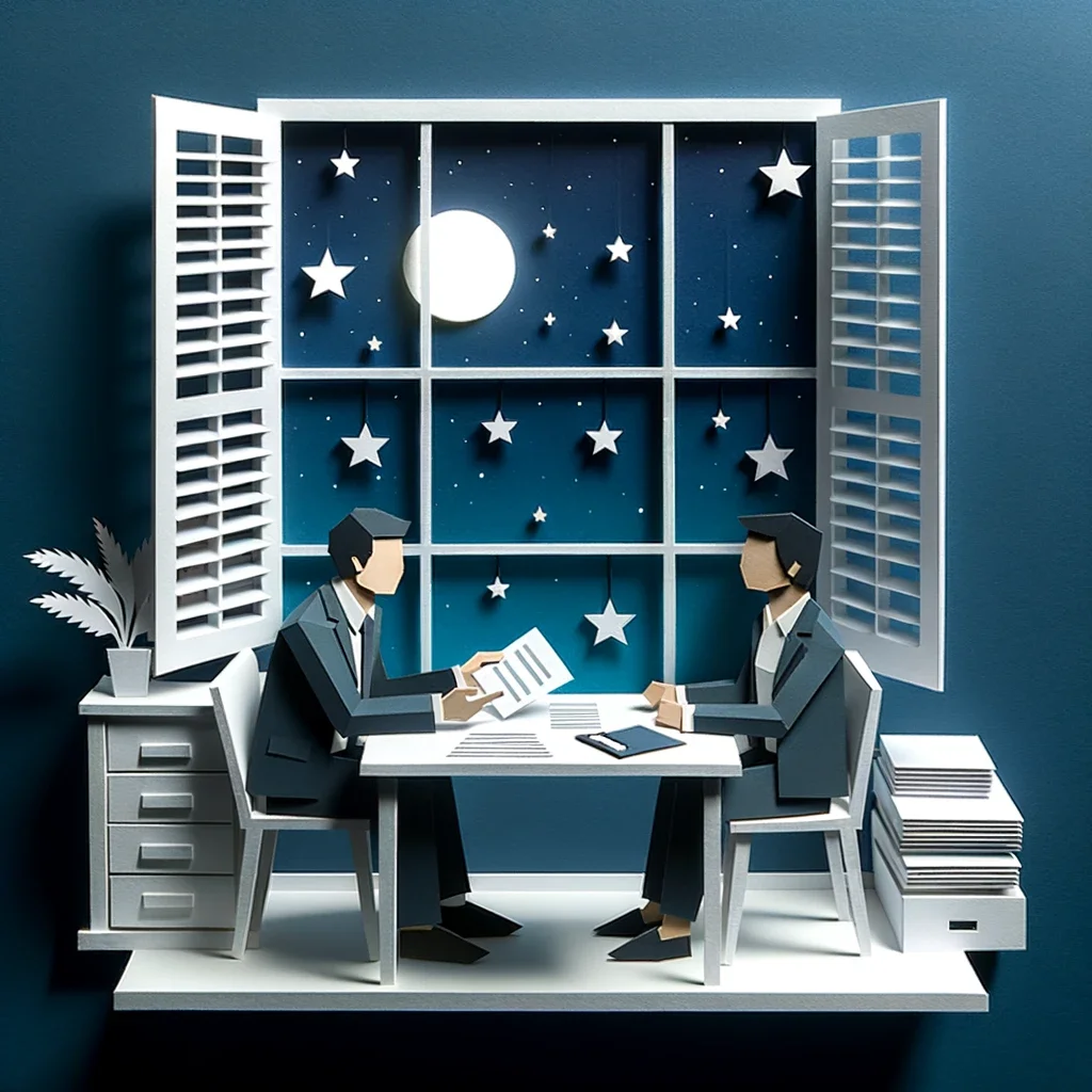 Luxwisp: Paper craft art of a tax specialist at nighttime in a serene office setting conversing about tax paperwork with stars visible outside.