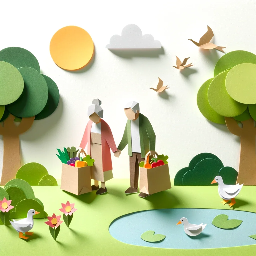 Luxwisp: Paper craft art of elderly parent with groceries in a sunny park.