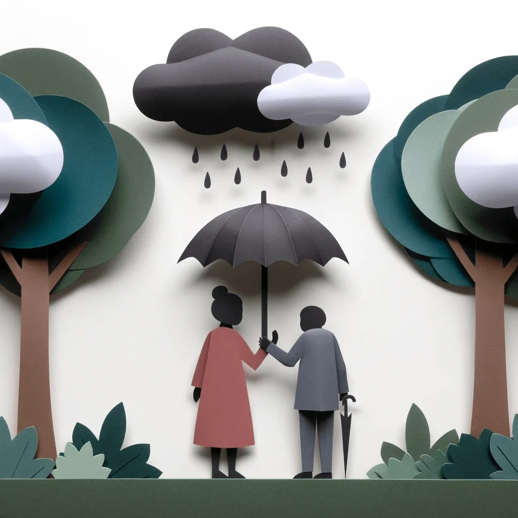 Luxwisp: Paper craft art of a Black adult child holding an umbrella to protect their elderly parent during a cloudy afternoon in a park.