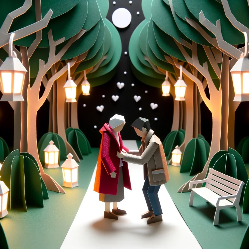 Luxwisp: Paper craft art of a adult child helping their elderly parent wear a jacket in a lantern-lit park during the evening.
