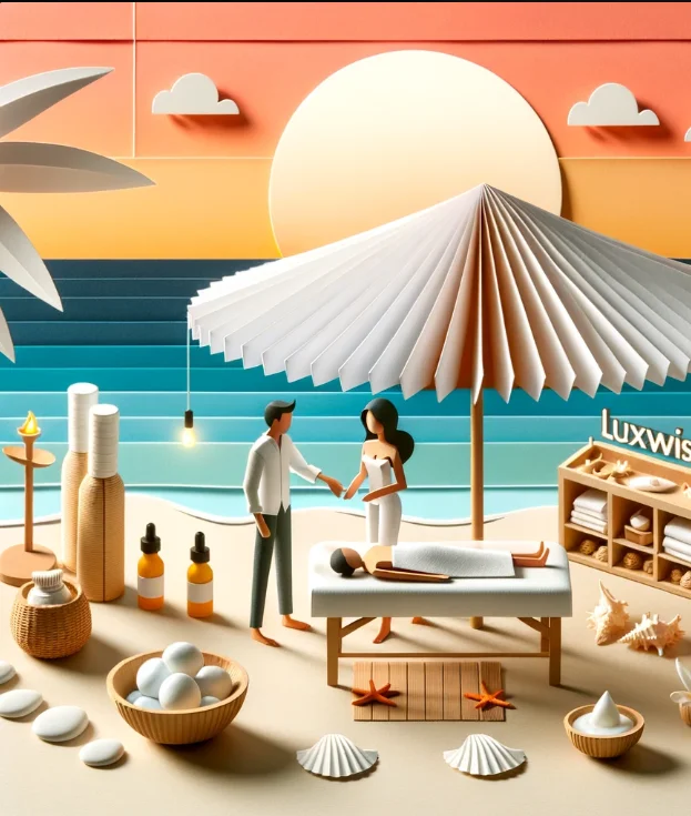 Luxwisp Massage therapist- Beach spa with clients.