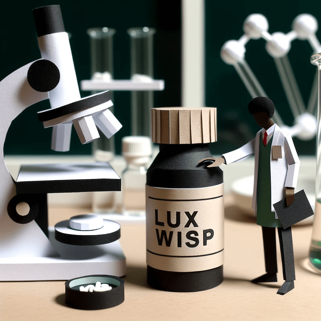 Luxwisp doctor resting hand on Luxwisp pill bottle