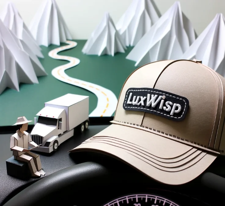 Luxwisp truck driver sitting reading map mountains, cap with luxwisp written on it.