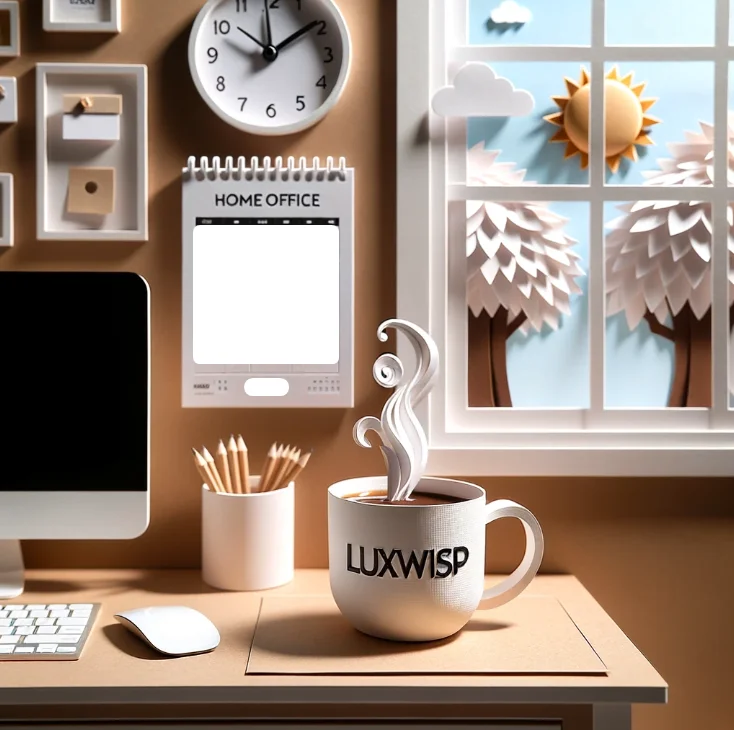  Luxwisp 1099 Employee home office closed window, coffee cup, computer, calender, clock, paper craft art