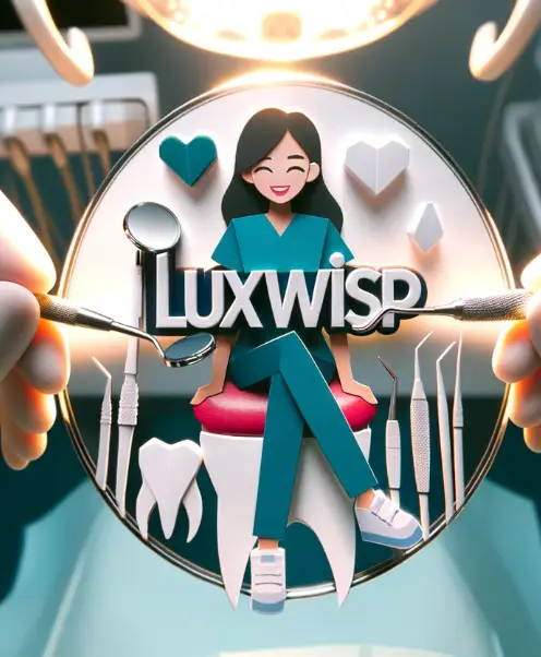 Luxwisp Dental Hygienist smiling sitting on a tooth chair with hearts