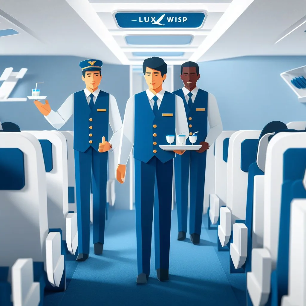 Cartoon luxwisp paper craft art of male flight attendants taking drinks to passengers on a plane