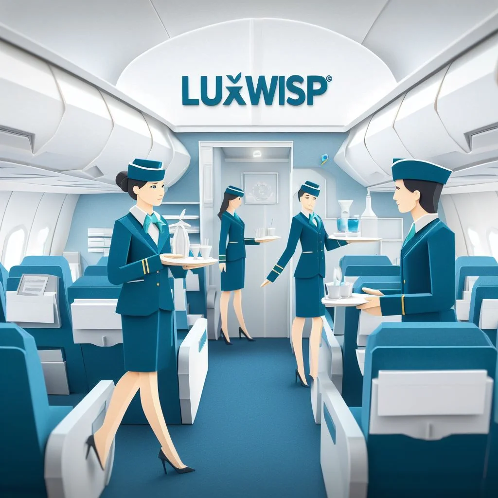 Paper craft art of luxwisp flight attendants holding plates and drinks