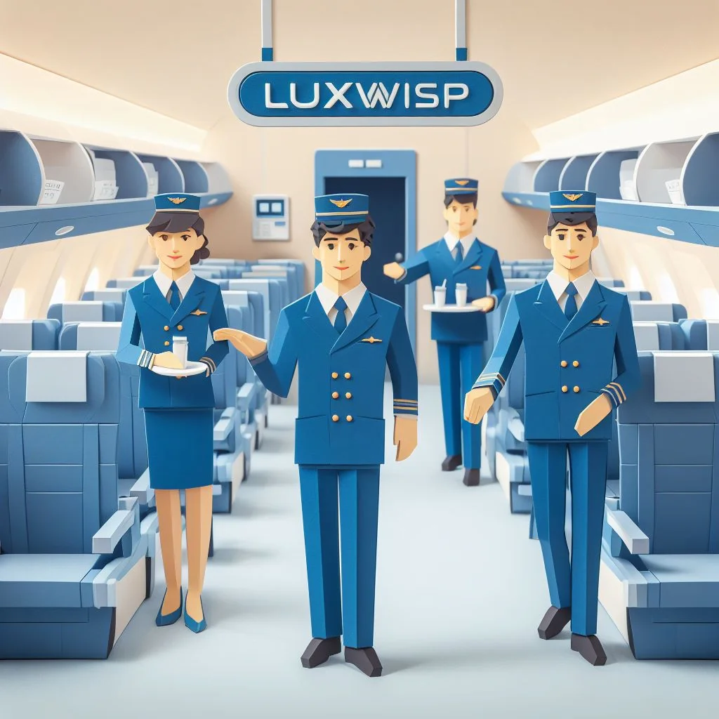 Paper craft art on luxwisp plane with four flight attendants