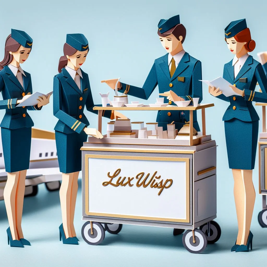 Paper craft art on luxwisp plane with four female flight attendants and a food cart