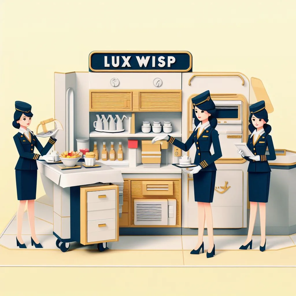 Paper craft art on luxwisp plane with three female flight attendants and a coffee station