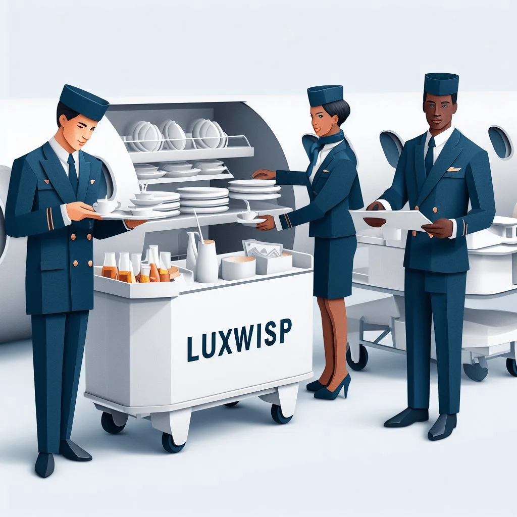 Luxwisp paper craft art of flight attendants  collecting food to be served.