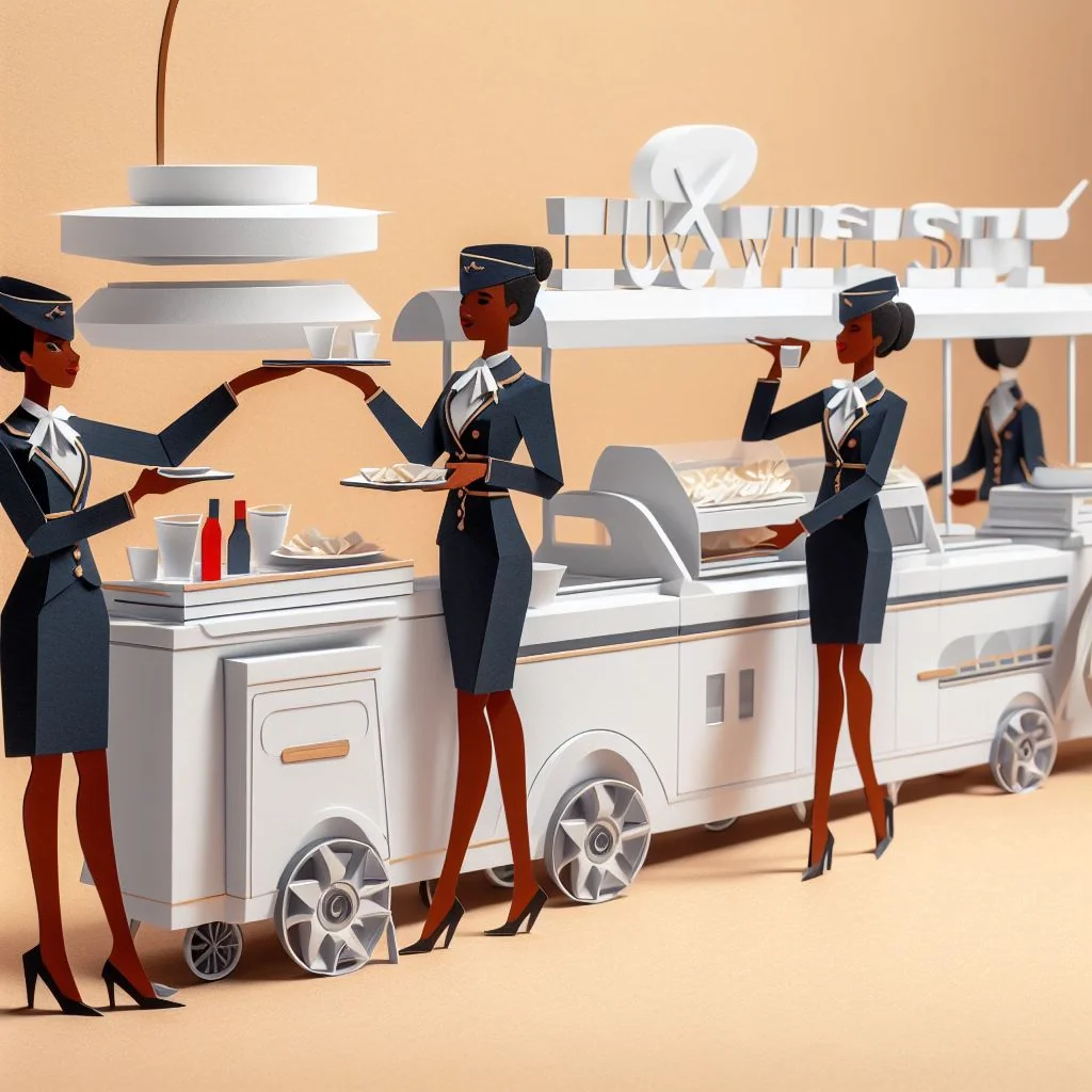 paper craft art of luxwisp flight attendants having a break and eating food themself.