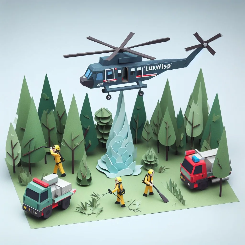 paper craft art of firefighters in a forest with helicopter pouring water