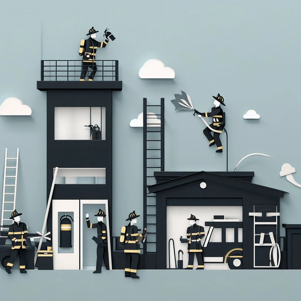 firefighters paper craft art rooftop black uniforms