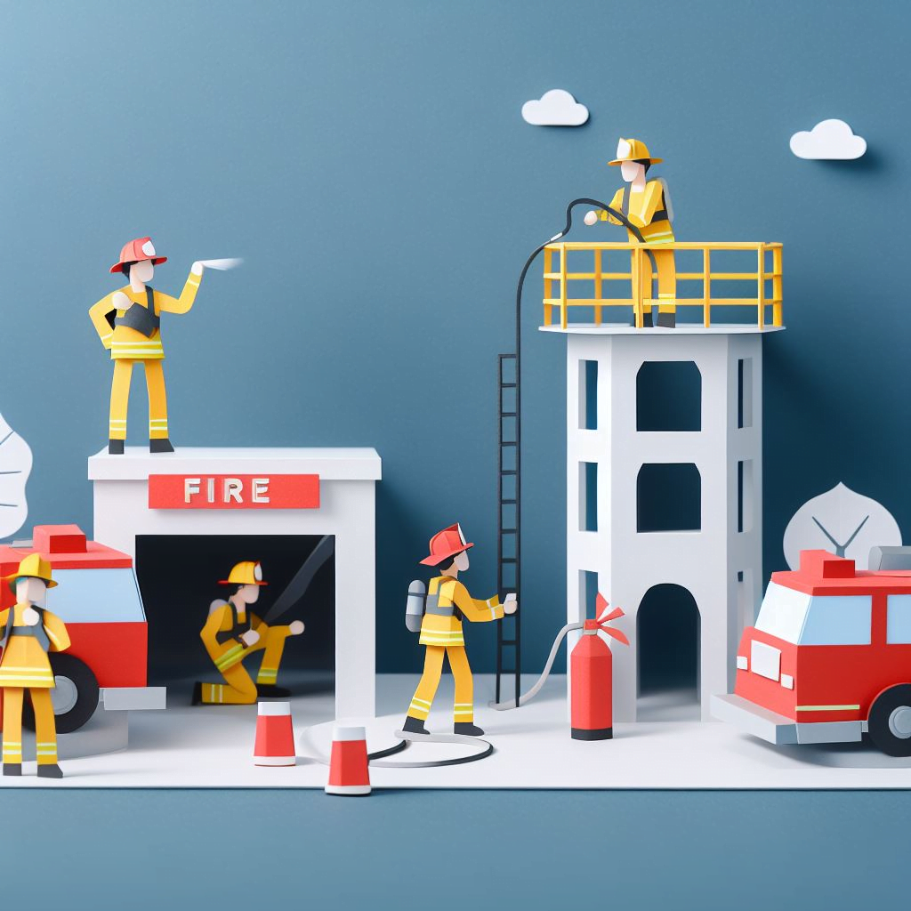 paper craft art firefighters with yellow uniform, firestation