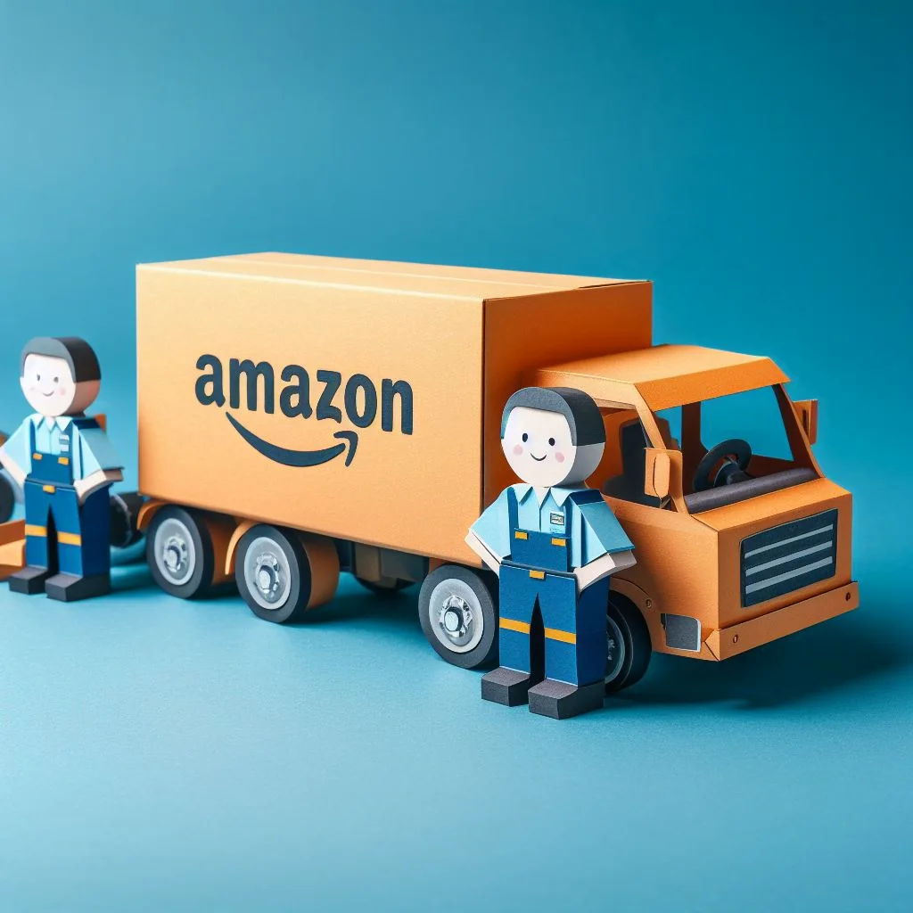 paper craft art amazon truck with 2 workers smiling