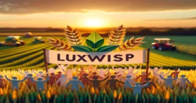 Pros and Cons of Agriculture - A paper craft scene with "Luxwisp" on a banner in a vibrant agricultural field during sunset.