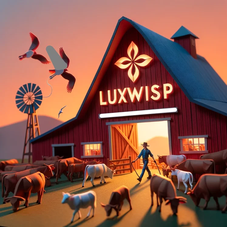 male farmer herding cattle, with "Luxwisp" showcased on a barn's roof against the backdrop of a beautiful sunset