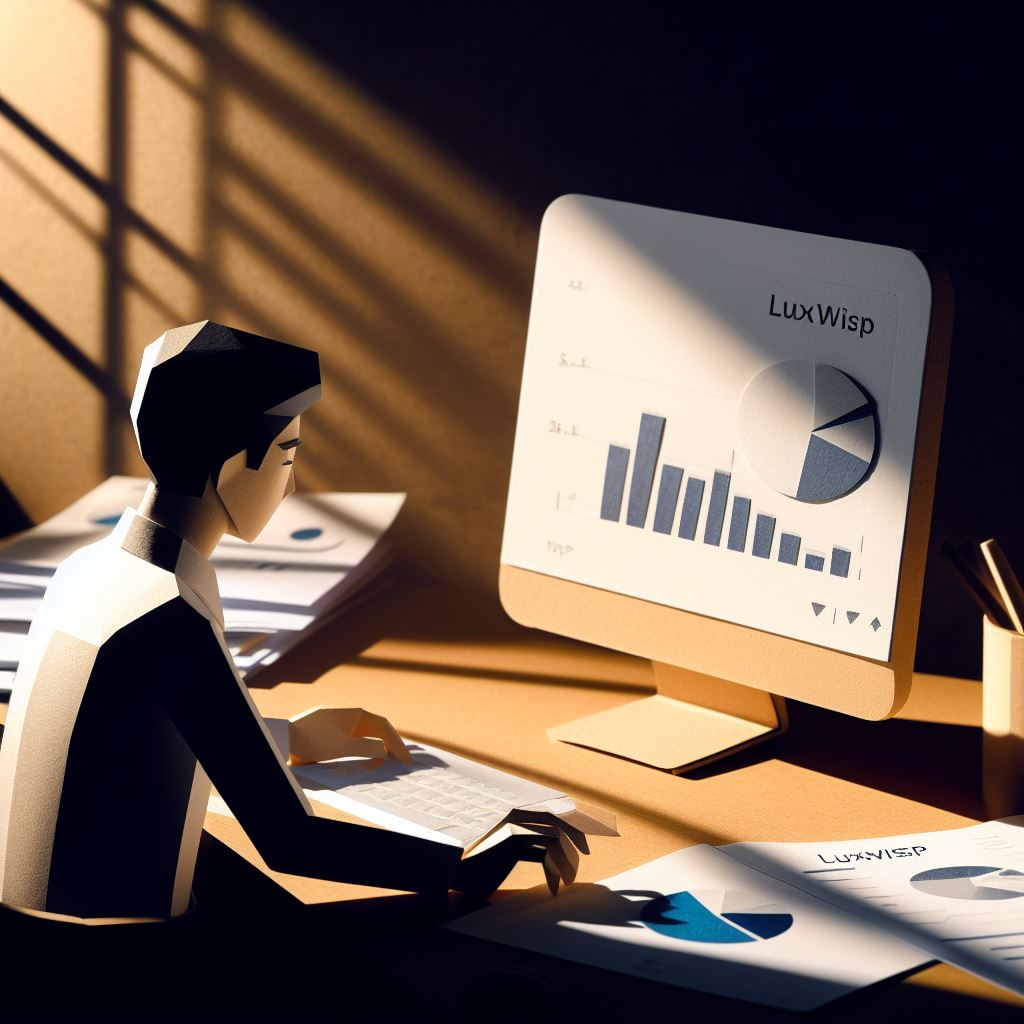 Paper craft Asian figure analyzes data; 'Luxwisp' on monitor at dusk.