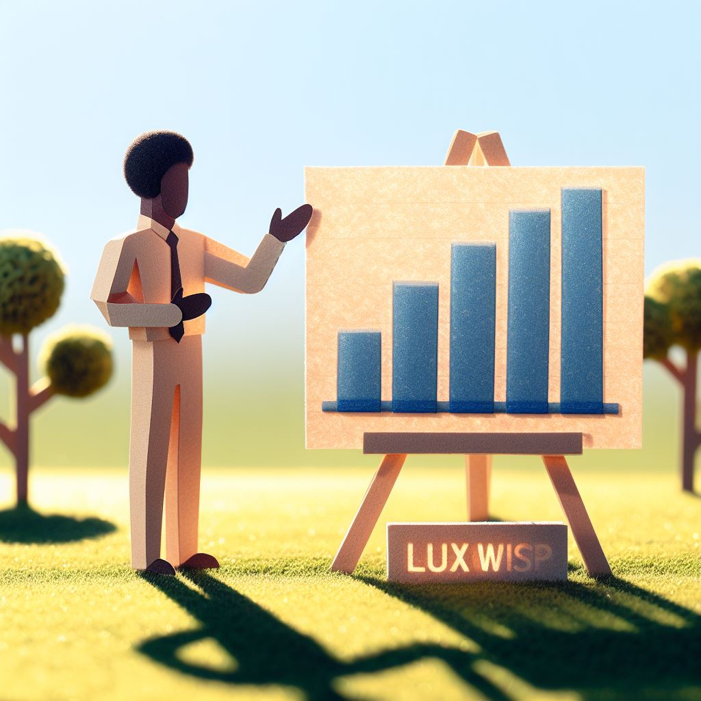 Paper craft art of a presenter with 'Luxwisp' bar graph outdoors.