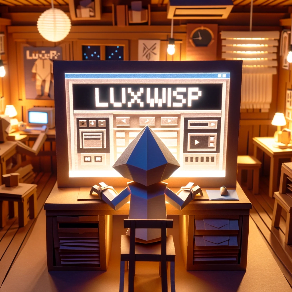 Papercraft programmer in cafe - Luxwisp