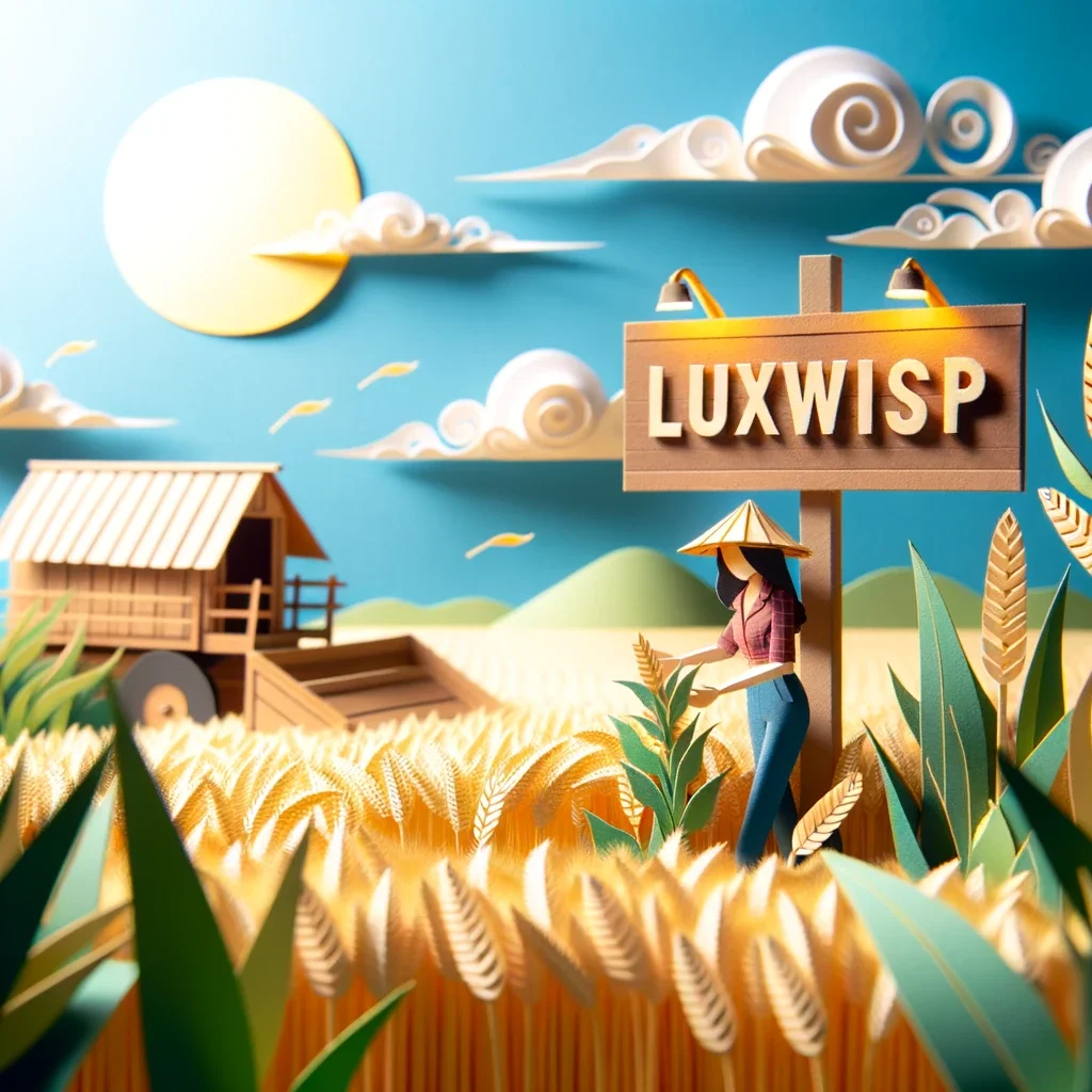 Asian female farmer tending to crops under a bright midday sun, with "Luxwisp" written prominently on a farm sign