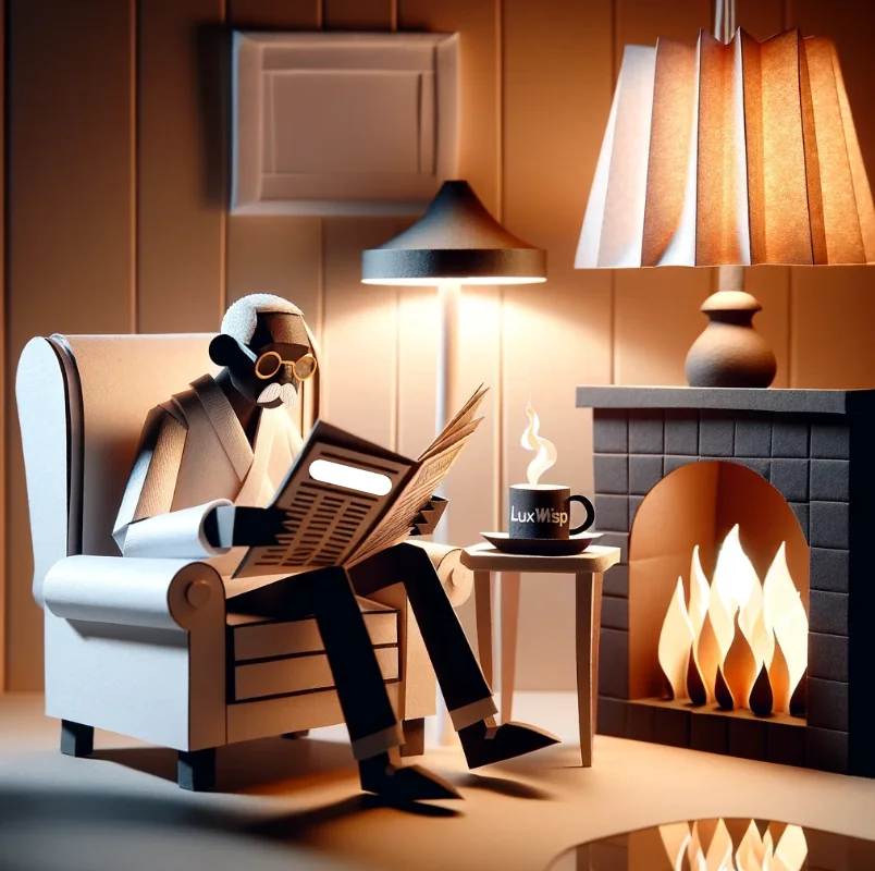Older black man reading a newspaper next to a fireplace and a Luxwisp Mug