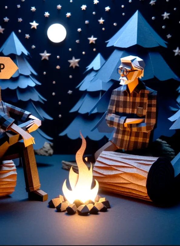 Paper craft art of older gentlemen camping
