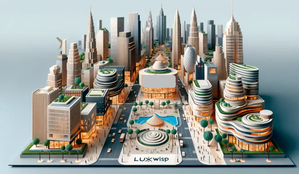 Luxwisp paper art craft of a city with businesses and workers in cloudy weather.