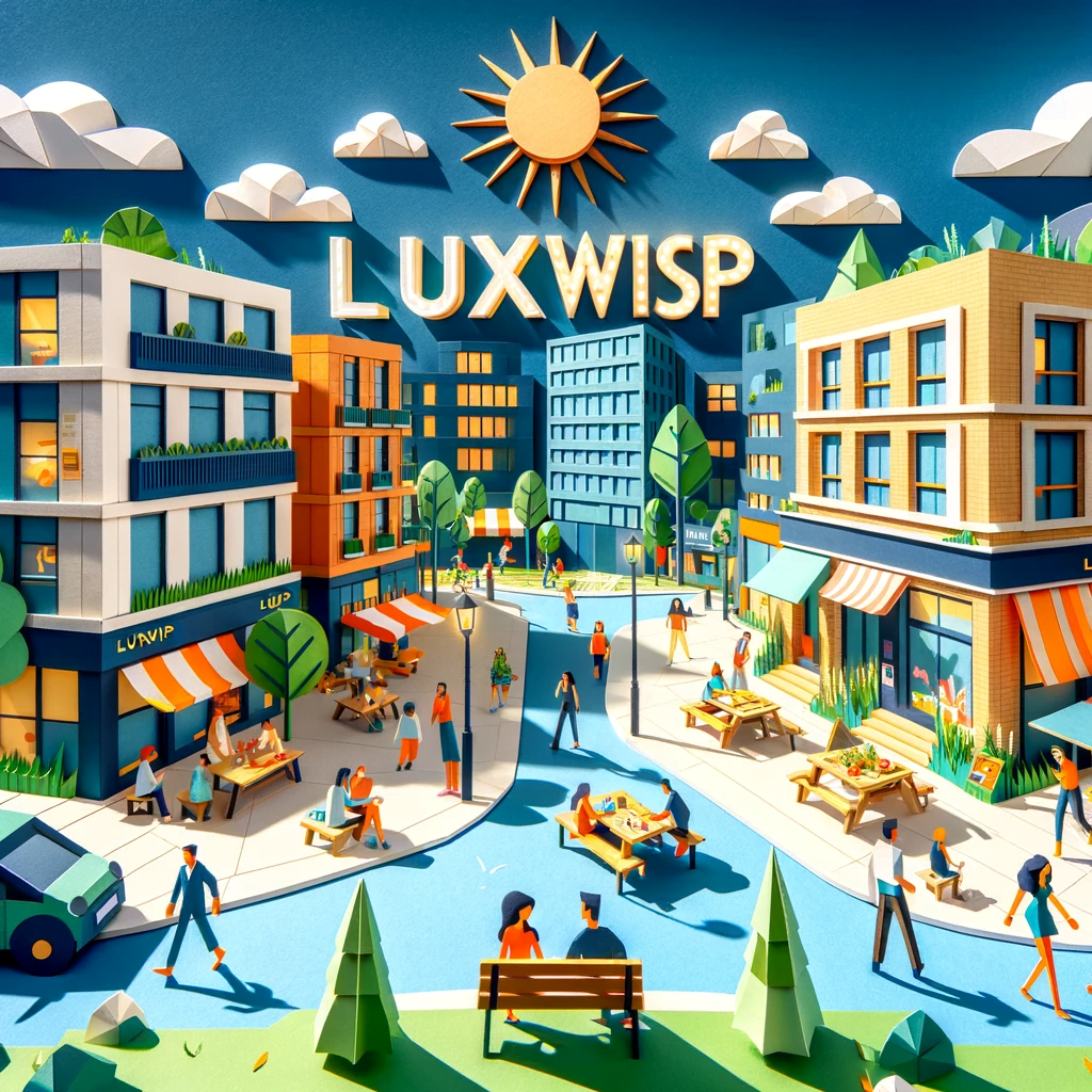 Luxwisp city  street with people eating and visiting local cafes and businesses