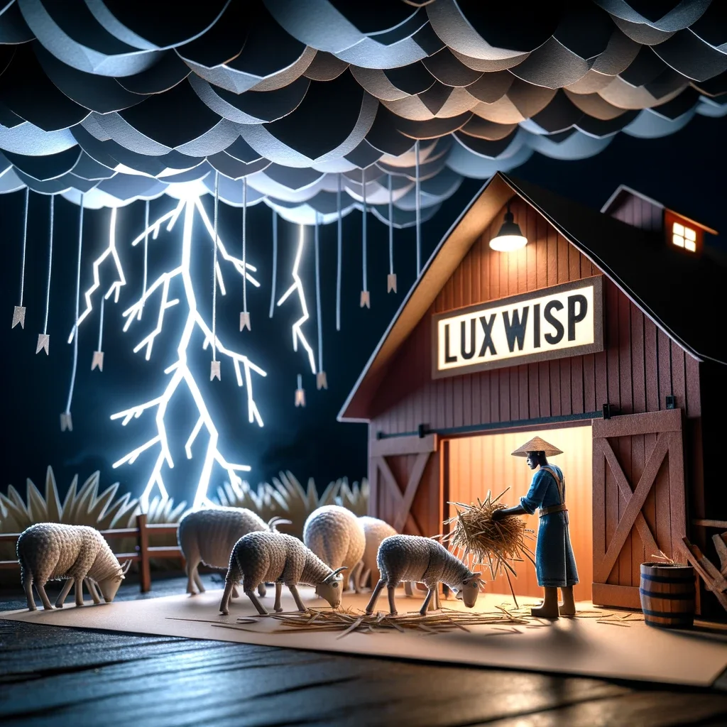 African male farmer is securing his livestock amidst a thunderstorm, with "Luxwisp" showcased on a barn door