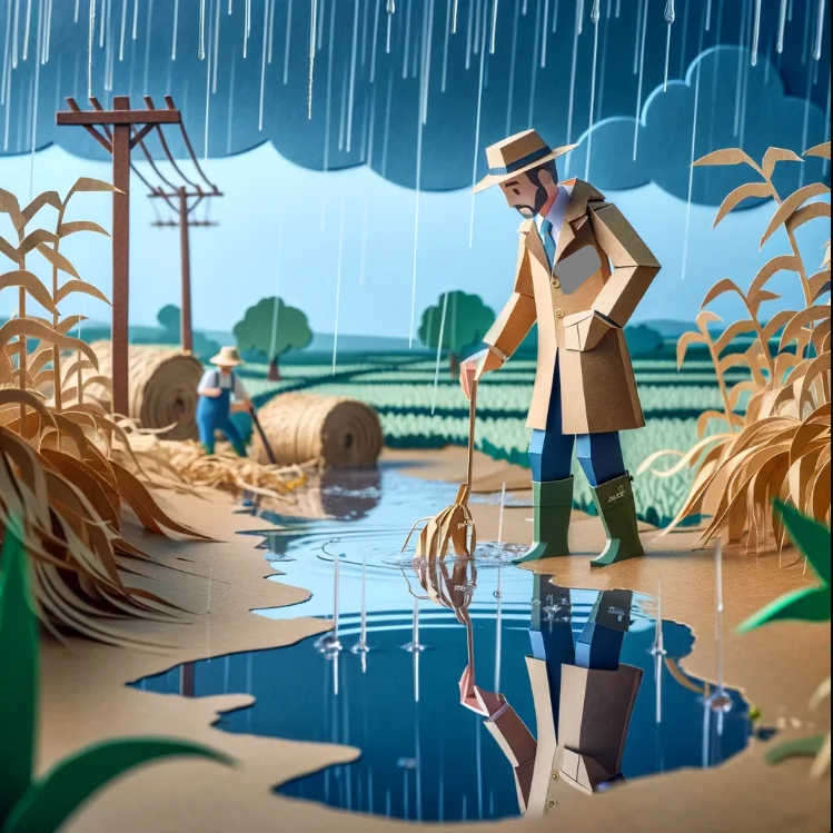 Caucasian male farmer is inspecting the damages to his fields after a heavy rain