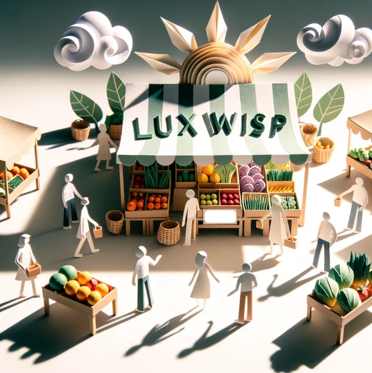A bustling farmer's market scene in paper craft, with "Luxwisp" on a stall's canopy