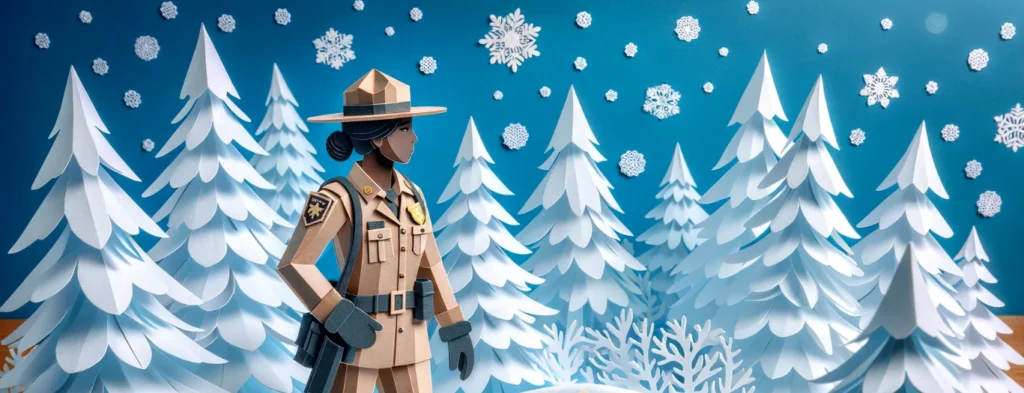 Park Ranger on patrol in snowy landscape Paper Art Craft - Luxwisp