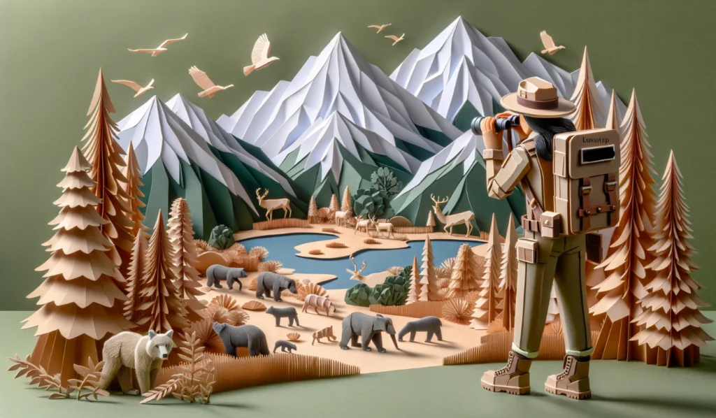 Park Ranger monitoring wildlife in mountainous region Paper Art Craft - Luxwisp