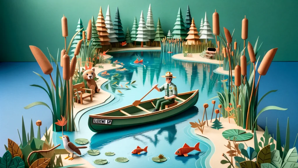 Park Ranger in canoe patrolling a lake Paper Art Craft - Luxwisp