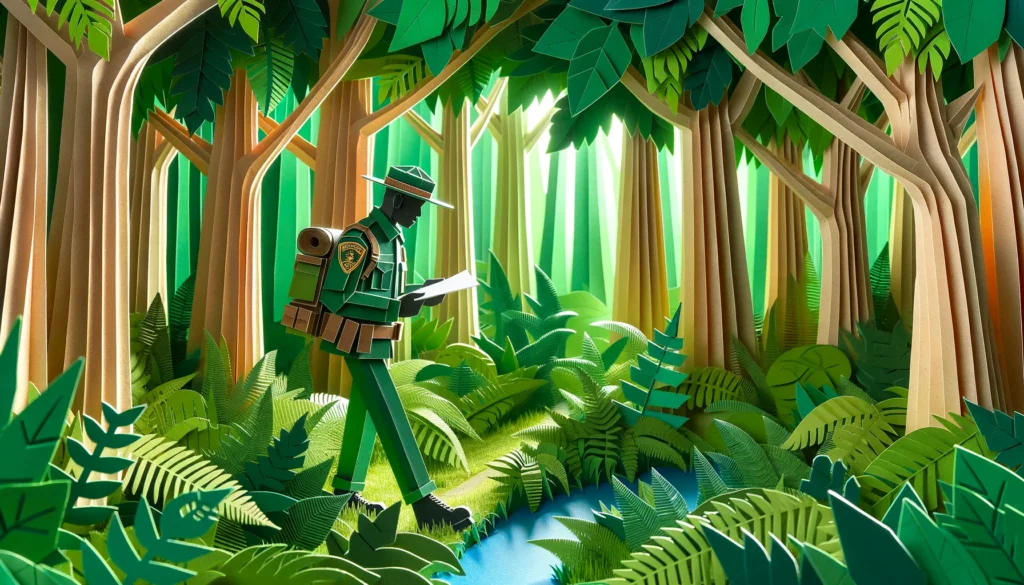 Park Ranger checking trails in dense woodland Paper Art Craft - Luxwisp