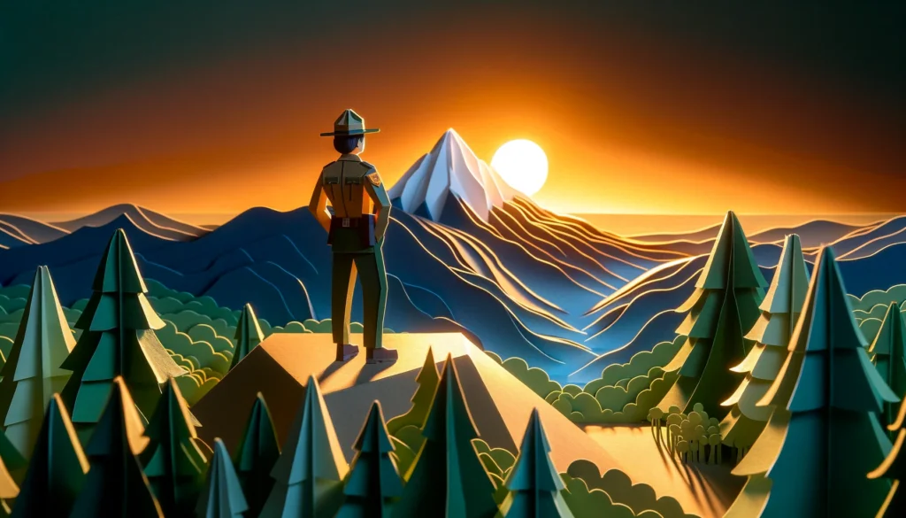 Park Ranger in uniform observing sunset view alone Paper Art Craft - Luxwisp